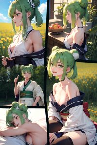 anime,muscular,small tits,18 age,laughing face,green hair,hair bun hair style,light skin,black and white,meadow,side view,sleeping,kimono