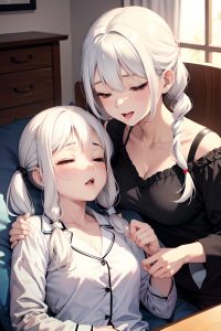 anime,busty,small tits,40s age,orgasm face,white hair,pigtails hair style,light skin,black and white,cafe,front view,sleeping,pajamas