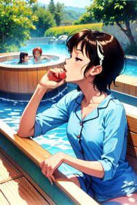 anime,skinny,small tits,80s age,orgasm face,brunette,pixie hair style,dark skin,watercolor,hot tub,side view,eating,pajamas