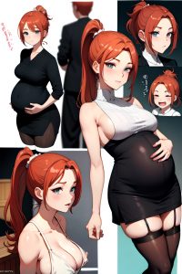 anime,pregnant,small tits,50s age,seductive face,ginger,ponytail hair style,dark skin,skin detail (beta),church,front view,on back,stockings