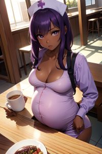 anime,pregnant,small tits,50s age,serious face,purple hair,messy hair style,dark skin,soft + warm,cafe,close-up view,t-pose,nurse