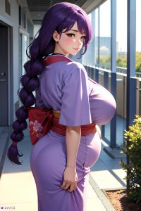 anime,pregnant,huge boobs,50s age,happy face,purple hair,braided hair style,light skin,soft anime,hospital,back view,gaming,kimono