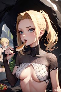 anime,skinny,small tits,40s age,shocked face,blonde,slicked hair style,light skin,charcoal,cave,front view,eating,fishnet