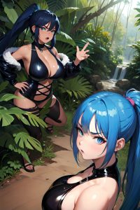 anime,chubby,small tits,70s age,angry face,blue hair,ponytail hair style,dark skin,illustration,jungle,front view,gaming,latex