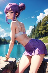 anime,skinny,small tits,18 age,pouting lips face,purple hair,hair bun hair style,light skin,vintage,lake,side view,bending over,mini skirt