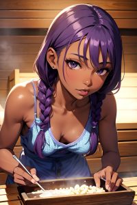 anime,skinny,small tits,60s age,seductive face,purple hair,braided hair style,dark skin,comic,sauna,close-up view,cooking,pajamas