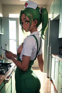 anime,busty,small tits,20s age,pouting lips face,green hair,pigtails hair style,dark skin,film photo,kitchen,back view,cumshot,nurse