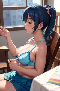 anime,chubby,small tits,40s age,shocked face,blue hair,pigtails hair style,dark skin,skin detail (beta),church,side view,sleeping,bra