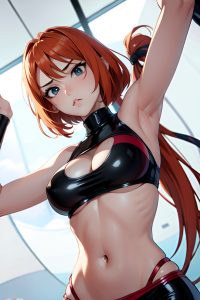 anime,skinny,huge boobs,18 age,serious face,ginger,pixie hair style,light skin,black and white,tent,close-up view,t-pose,latex