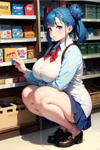 anime,chubby,huge boobs,70s age,serious face,blue hair,hair bun hair style,light skin,watercolor,grocery,front view,squatting,schoolgirl