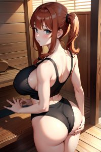 anime,skinny,huge boobs,70s age,shocked face,ginger,pigtails hair style,light skin,charcoal,sauna,back view,yoga,mini skirt