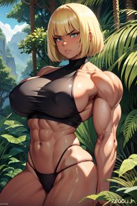 anime,muscular,huge boobs,70s age,angry face,blonde,bobcut hair style,dark skin,film photo,jungle,front view,gaming,teacher
