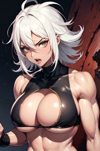 anime,muscular,huge boobs,60s age,angry face,white hair,messy hair style,dark skin,vintage,desert,front view,cumshot,goth