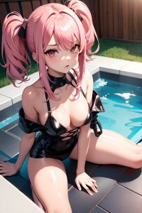 anime,busty,small tits,18 age,pouting lips face,pink hair,bangs hair style,dark skin,charcoal,hot tub,front view,straddling,latex