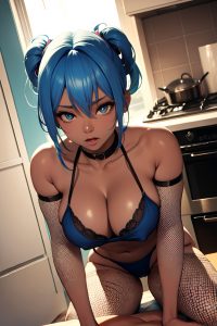 anime,skinny,huge boobs,18 age,orgasm face,blue hair,pixie hair style,dark skin,3d,kitchen,front view,straddling,fishnet