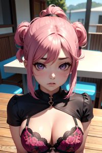 anime,busty,small tits,20s age,sad face,pink hair,slicked hair style,dark skin,3d,cafe,close-up view,cumshot,bra