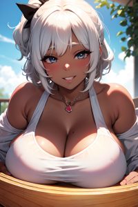 anime,chubby,huge boobs,80s age,happy face,white hair,messy hair style,dark skin,soft + warm,wedding,close-up view,cumshot,schoolgirl