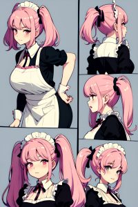 anime,chubby,small tits,60s age,seductive face,pink hair,pigtails hair style,light skin,skin detail (beta),mall,back view,bending over,maid