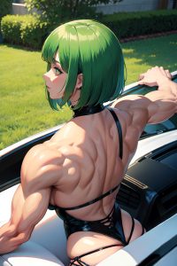 anime,muscular,huge boobs,80s age,seductive face,green hair,bobcut hair style,light skin,illustration,car,back view,plank,goth