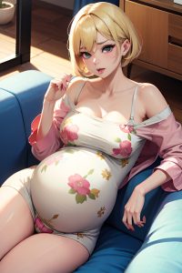 anime,pregnant,small tits,60s age,ahegao face,blonde,pixie hair style,light skin,comic,couch,front view,gaming,pajamas