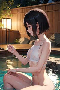 anime,skinny,small tits,20s age,orgasm face,ginger,bobcut hair style,dark skin,black and white,onsen,side view,bathing,stockings