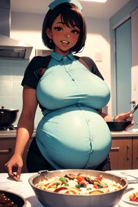 anime,pregnant,huge boobs,60s age,laughing face,black hair,pixie hair style,dark skin,vintage,stage,front view,cooking,nurse