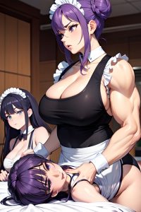 anime,muscular,huge boobs,70s age,shocked face,purple hair,hair bun hair style,light skin,black and white,grocery,side view,massage,maid