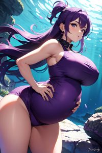 anime,pregnant,huge boobs,30s age,serious face,purple hair,pixie hair style,light skin,dark fantasy,underwater,side view,t-pose,nurse