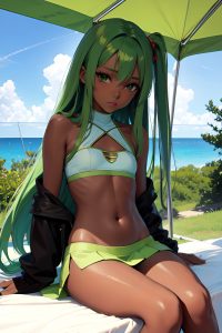 anime,skinny,small tits,60s age,seductive face,green hair,straight hair style,dark skin,soft anime,tent,side view,spreading legs,mini skirt