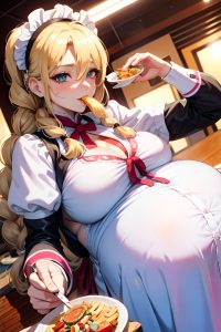 anime,pregnant,huge boobs,80s age,happy face,blonde,braided hair style,light skin,cyberpunk,snow,close-up view,eating,maid
