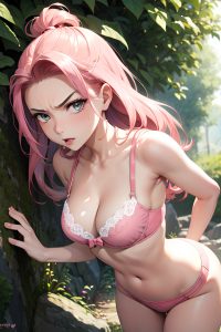 anime,busty,small tits,40s age,angry face,pink hair,slicked hair style,light skin,soft anime,jungle,side view,t-pose,bra