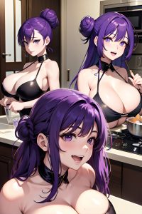 anime,busty,huge boobs,30s age,laughing face,purple hair,hair bun hair style,light skin,comic,kitchen,close-up view,bathing,goth