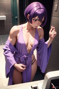 anime,muscular,small tits,60s age,sad face,purple hair,bobcut hair style,dark skin,dark fantasy,bathroom,side view,working out,bathrobe