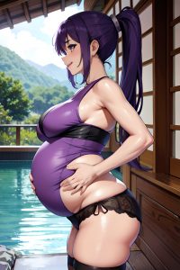 anime,pregnant,small tits,80s age,happy face,purple hair,ponytail hair style,dark skin,dark fantasy,onsen,side view,jumping,stockings