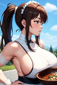 anime,muscular,huge boobs,40s age,sad face,brunette,pigtails hair style,light skin,warm anime,club,side view,cooking,maid