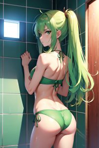 anime,skinny,small tits,60s age,angry face,green hair,messy hair style,light skin,soft + warm,shower,back view,working out,bikini