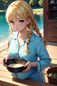 anime,pregnant,small tits,18 age,pouting lips face,blonde,braided hair style,light skin,vintage,lake,close-up view,cooking,pajamas