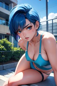 anime,busty,small tits,80s age,serious face,blue hair,pixie hair style,light skin,film photo,gym,close-up view,jumping,fishnet