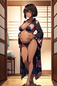 anime,pregnant,small tits,70s age,angry face,brunette,bangs hair style,dark skin,illustration,changing room,front view,bathing,kimono
