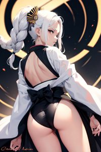 anime,skinny,small tits,60s age,angry face,white hair,braided hair style,dark skin,black and white,mall,back view,spreading legs,kimono