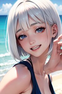 anime,skinny,small tits,50s age,laughing face,white hair,bobcut hair style,light skin,warm anime,beach,close-up view,cumshot,schoolgirl