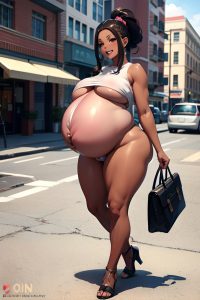 anime,pregnant,huge boobs,20s age,laughing face,brunette,slicked hair style,dark skin,3d,street,front view,gaming,nude