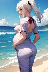 anime,pregnant,small tits,20s age,laughing face,white hair,pigtails hair style,light skin,dark fantasy,beach,back view,spreading legs,pajamas