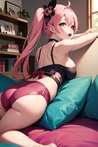 anime,pregnant,small tits,40s age,ahegao face,pink hair,pigtails hair style,dark skin,skin detail (beta),couch,back view,jumping,geisha