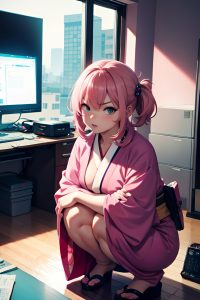 anime,chubby,small tits,30s age,angry face,pink hair,straight hair style,light skin,cyberpunk,office,close-up view,squatting,kimono