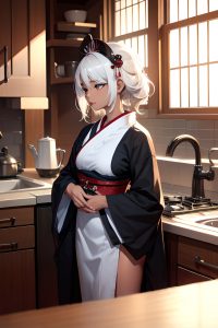 anime,busty,small tits,40s age,sad face,white hair,messy hair style,dark skin,charcoal,kitchen,side view,cumshot,geisha