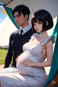 anime,pregnant,small tits,50s age,serious face,black hair,bobcut hair style,light skin,comic,tent,side view,jumping,maid