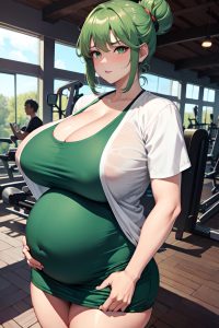 anime,pregnant,huge boobs,40s age,serious face,green hair,hair bun hair style,dark skin,watercolor,gym,front view,cumshot,schoolgirl