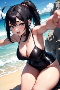 anime,chubby,small tits,30s age,orgasm face,black hair,ponytail hair style,light skin,charcoal,beach,front view,t-pose,latex