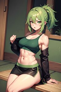 anime,muscular,small tits,40s age,seductive face,green hair,messy hair style,light skin,charcoal,party,front view,massage,mini skirt